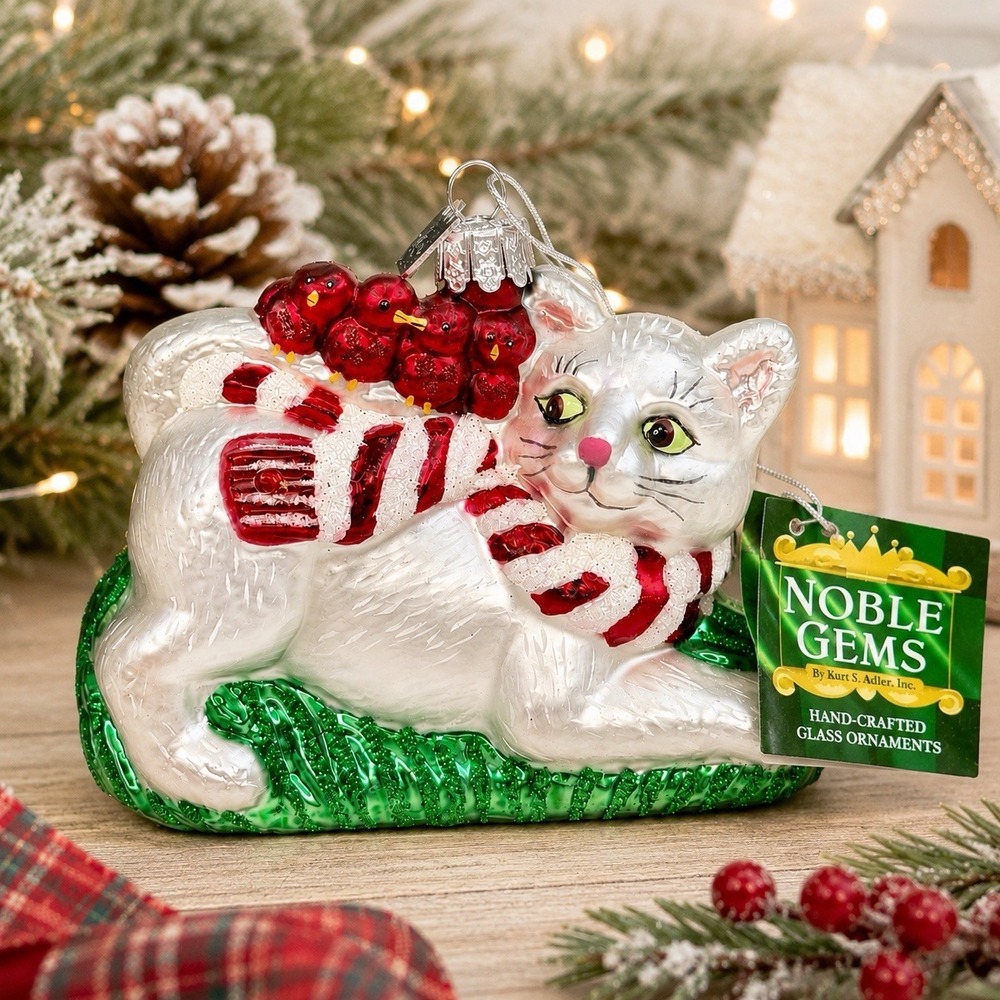 VTG Kurt Adler Noble Gems White Kitty Cat Glass Christmas Ornament Red Birds NWT